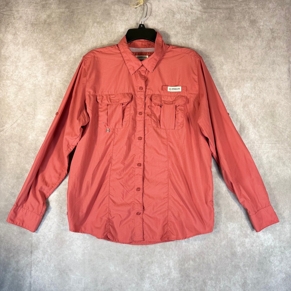Magellan Fishing Shirt Womens L Coral Pink Moisture Wicking Vented Roll Tab L/S